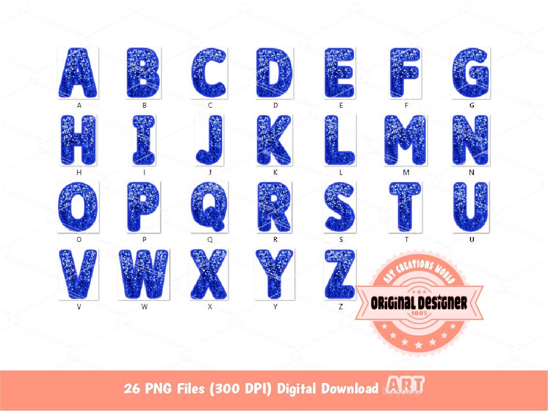 Blue Sequin Alphabet PNG, Faux Yarn Glitter Embroidery Letters Clipart