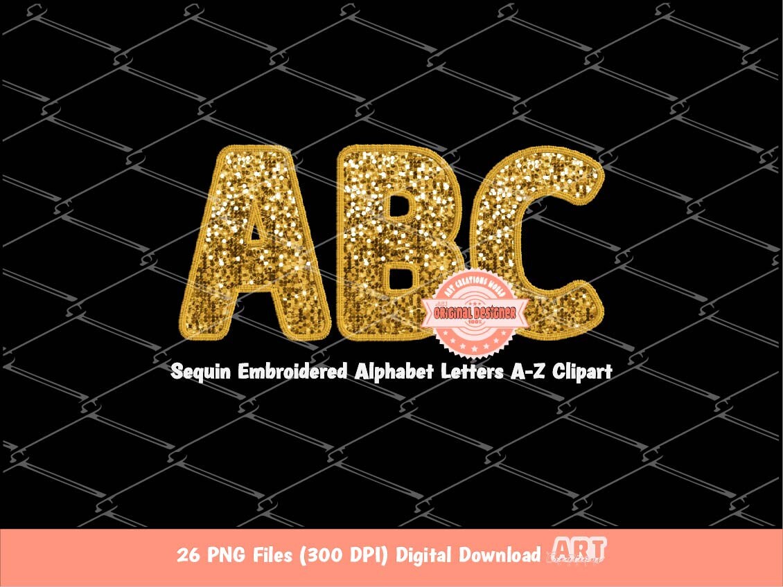 Gold Sequin Alpha PNG, Faux Embroidered Glitter Letters Clipart (Digital Download)