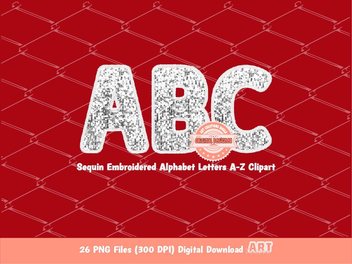 Sequin Alphabet Clipart, White  Faux Embroidery Glitter Letters Clipart (Digital Download)
