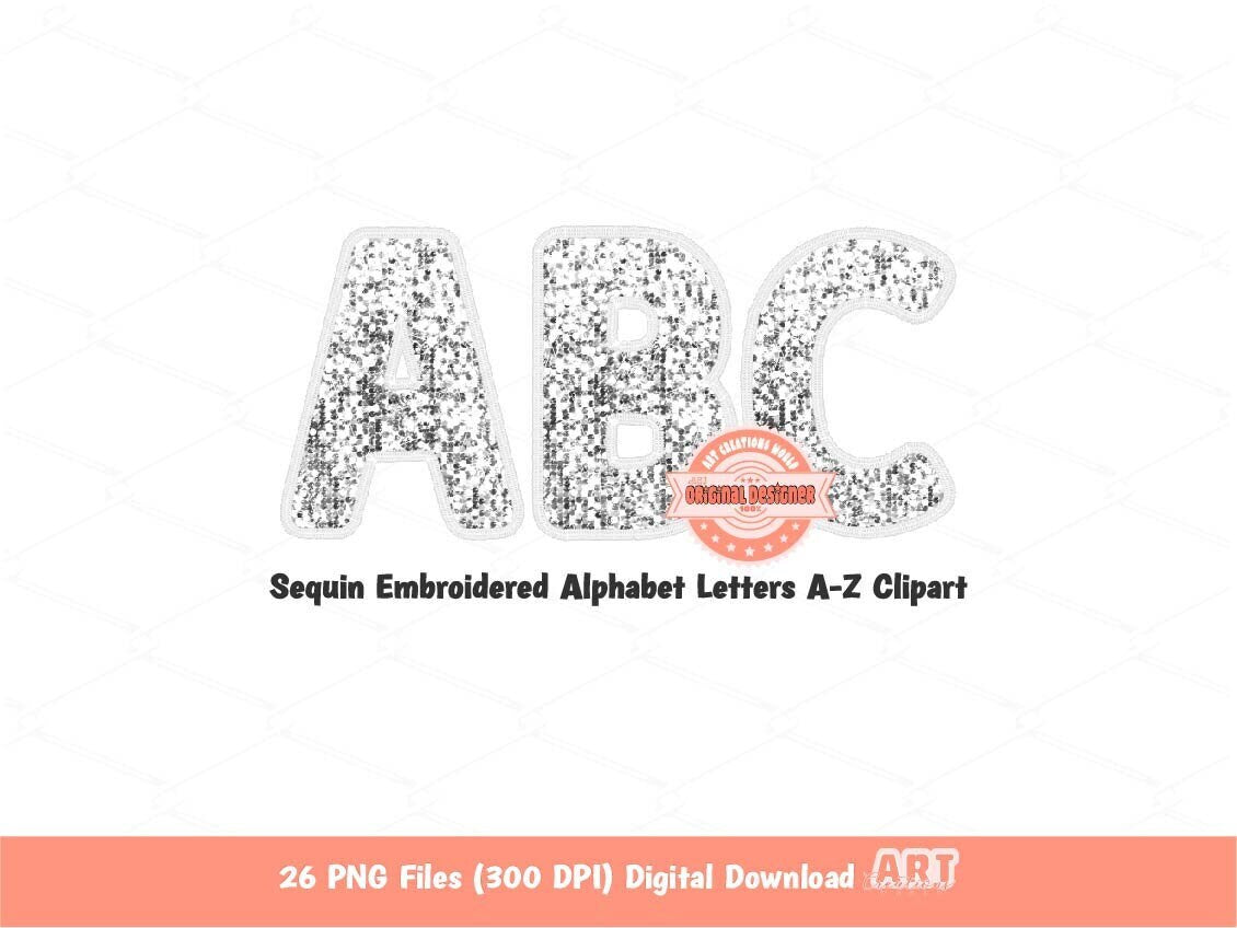 Sequin Alphabet Clipart, White  Faux Embroidery Glitter Letters Clipart (Digital Download)
