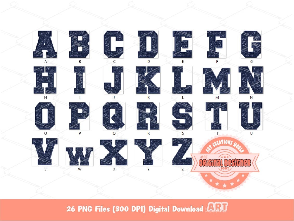 Navy Sequin Varsity Alphabet PNG, Faux Embroidery letters Clipart