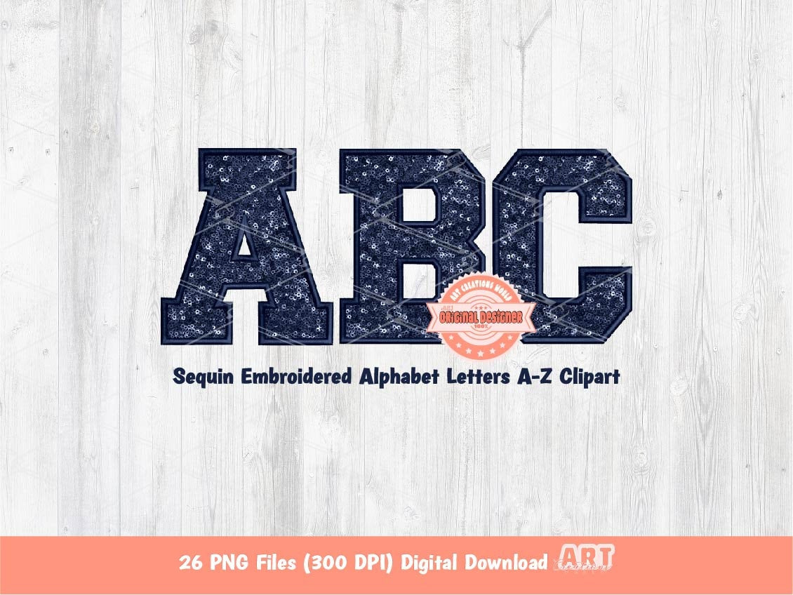 Navy Sequin Varsity Alphabet PNG, Faux Embroidery letters Clipart