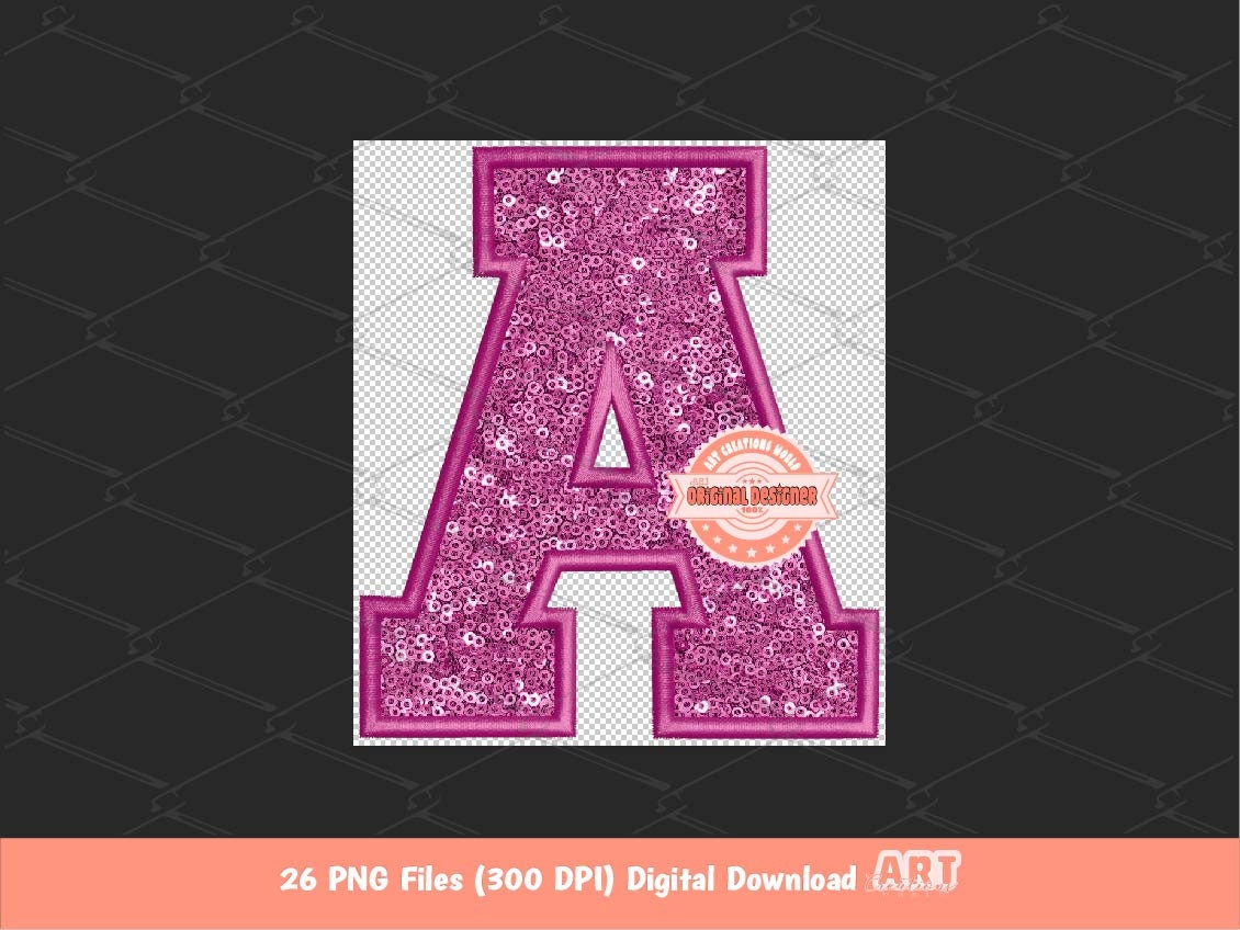 Pink Magenta Sequin Varsity Alphabet PNG, Faux Embroidery Letters Clipart