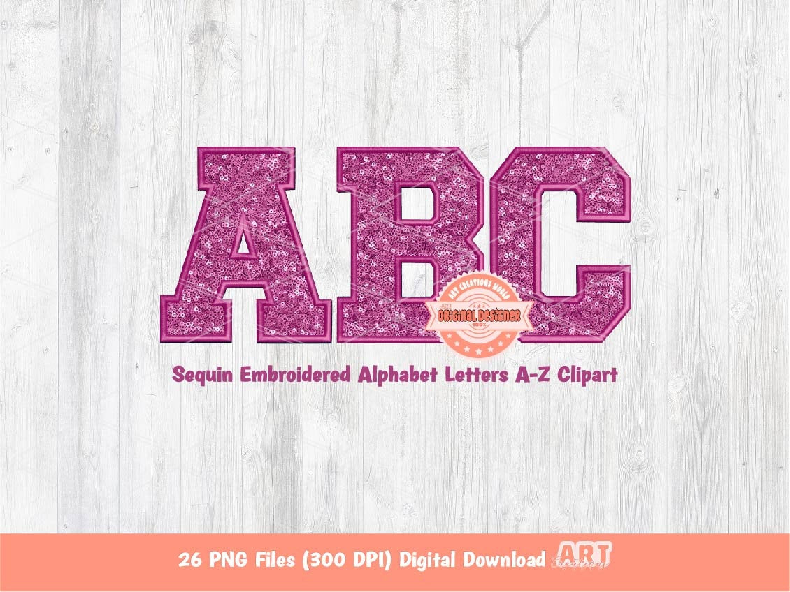 Pink Magenta Sequin Varsity Alphabet PNG, Faux Embroidery Letters Clipart