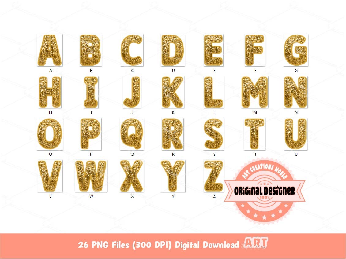 Gold Sequin Alpha PNG, Faux Embroidered Glitter Letters Clipart (Digital Download)