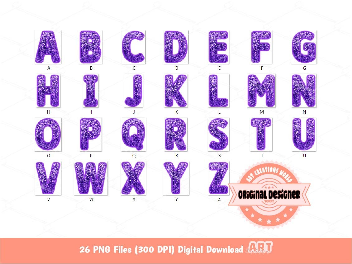 Purple Sequin Letters PNG: Faux Embroidery Glitter Alphabet Clipart