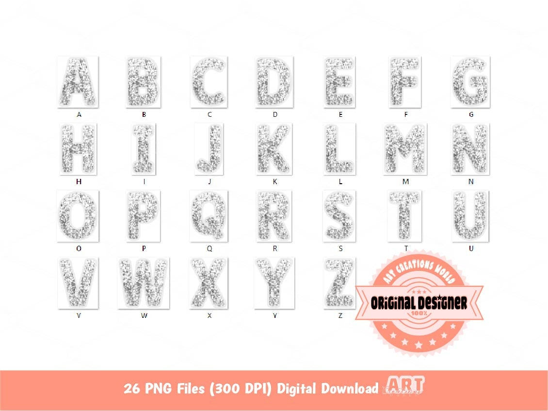 Sequin Alphabet Clipart, White  Faux Embroidery Glitter Letters Clipart (Digital Download)