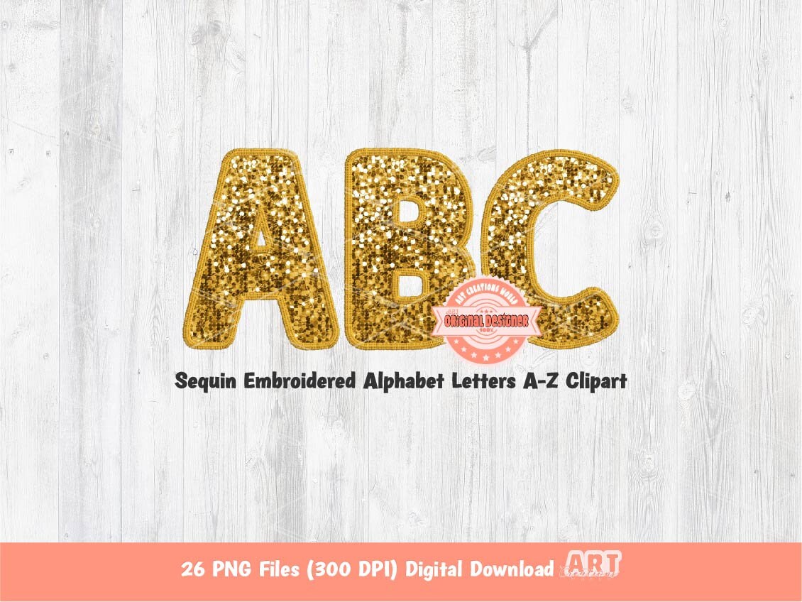 Gold Sequin Alpha PNG, Faux Embroidered Glitter Letters Clipart (Digital Download)