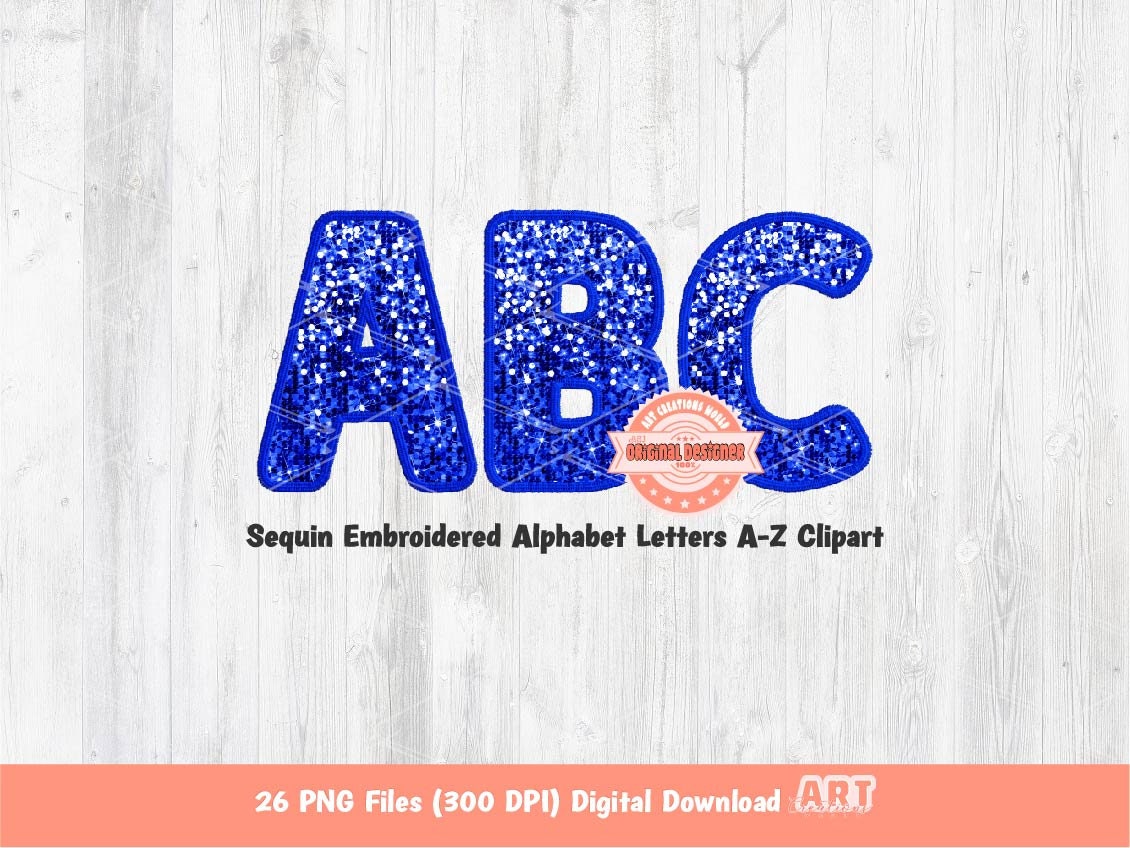 Blue Sequin Alphabet PNG, Faux Yarn Glitter Embroidery Letters Clipart