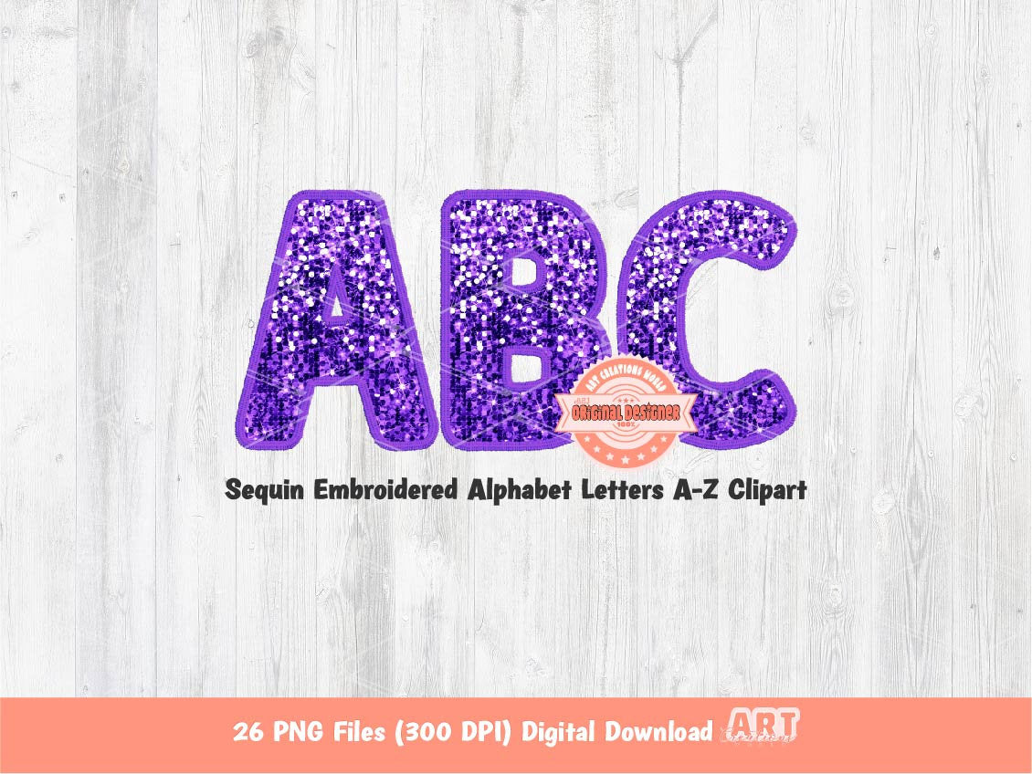 Purple Sequin Letters PNG: Faux Embroidery Glitter Alphabet Clipart