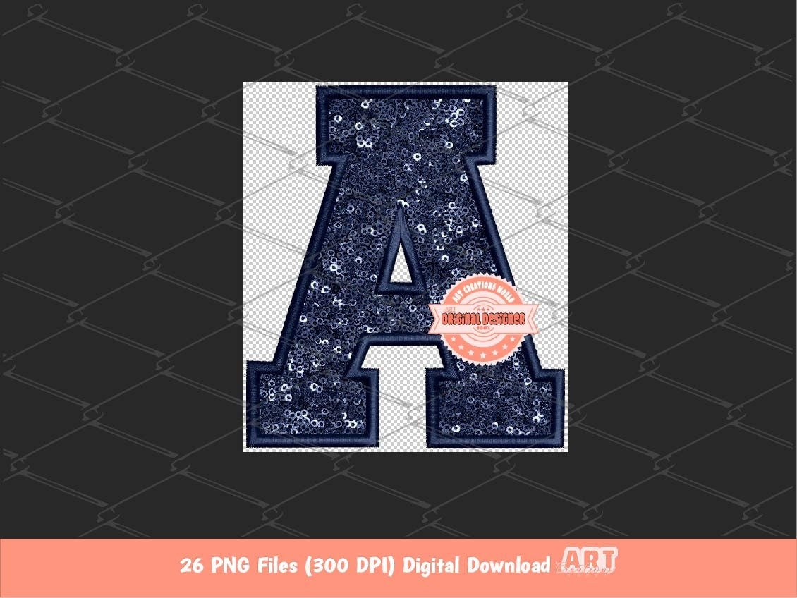 Navy Sequin Varsity Alphabet PNG, Faux Embroidery letters Clipart