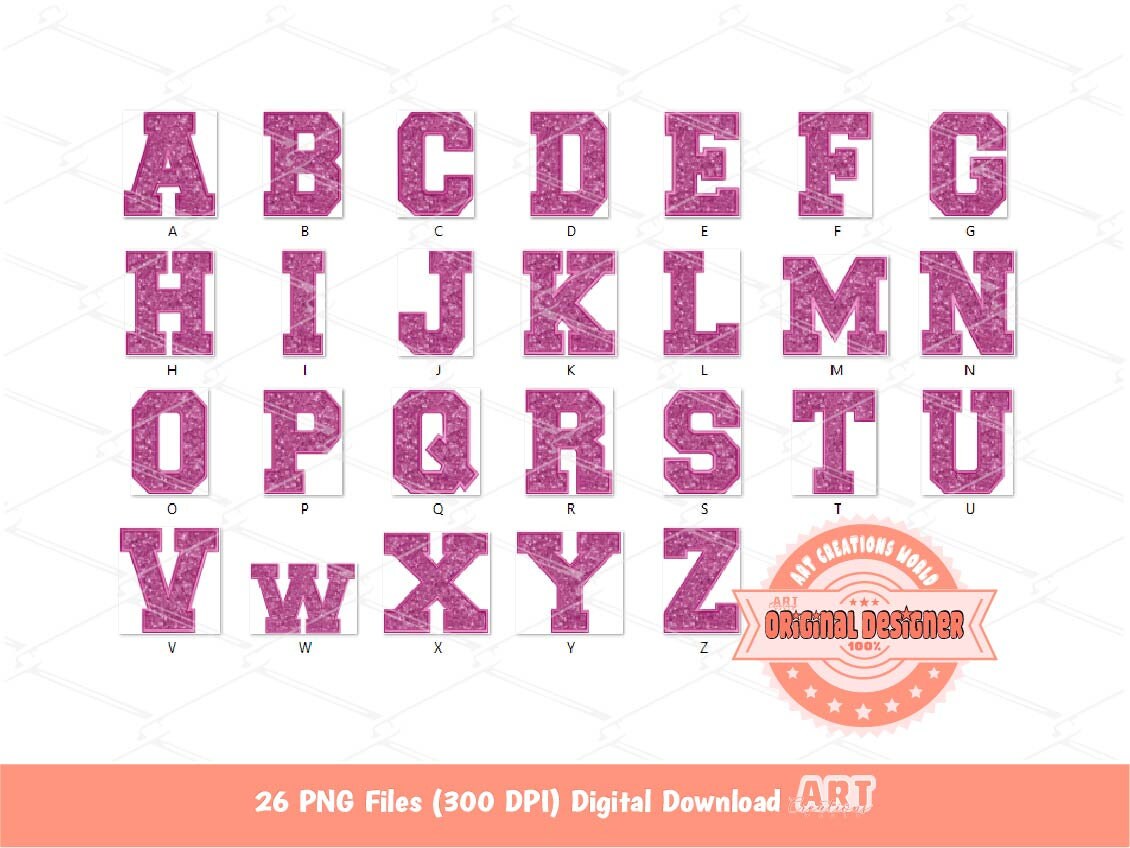 Pink Magenta Sequin Varsity Alphabet PNG, Faux Embroidery Letters Clipart