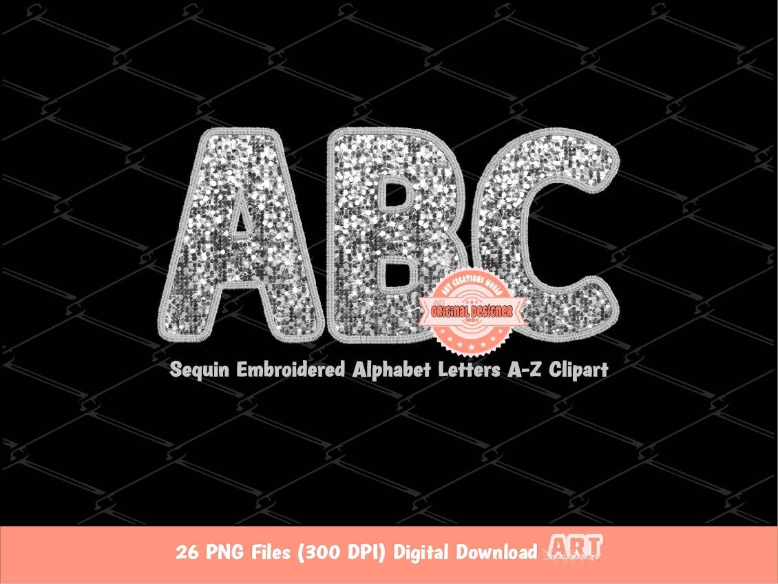 Silver Sequin Letters PNG, Faux Embroidery Alphabet Clipart (Digital Download)