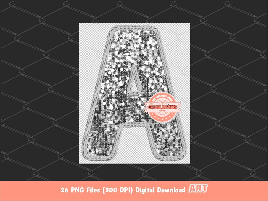 Silver Sequin Letters PNG, Faux Embroidery Alphabet Clipart (Digital Download)