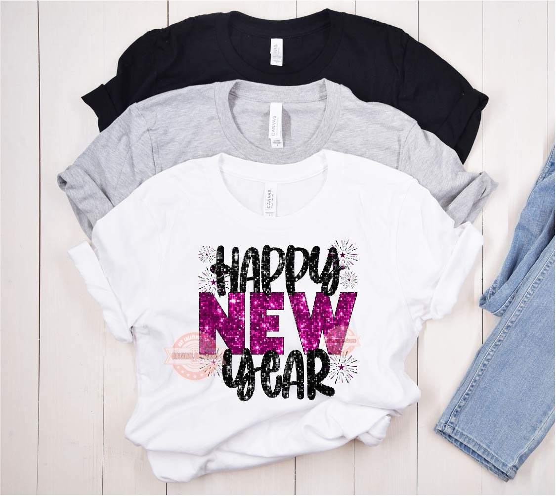 Happy New Year Sequin PNG, Pink Disco Glitter with Fireworks Png Sublimation, New Years Eve Party T Shirt Design Download