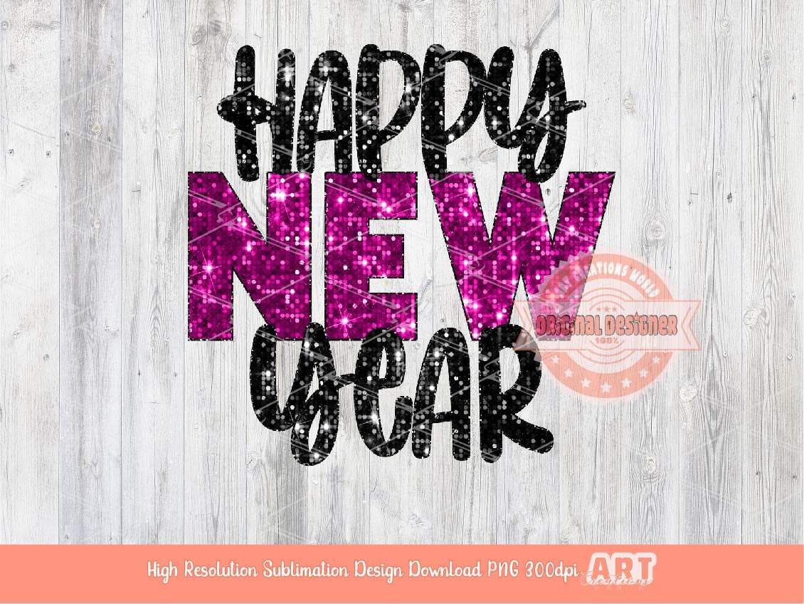 Happy New Year Sequin PNG, Pink Disco Glitter with Fireworks Png Sublimation, New Years Eve Party T Shirt Design Download