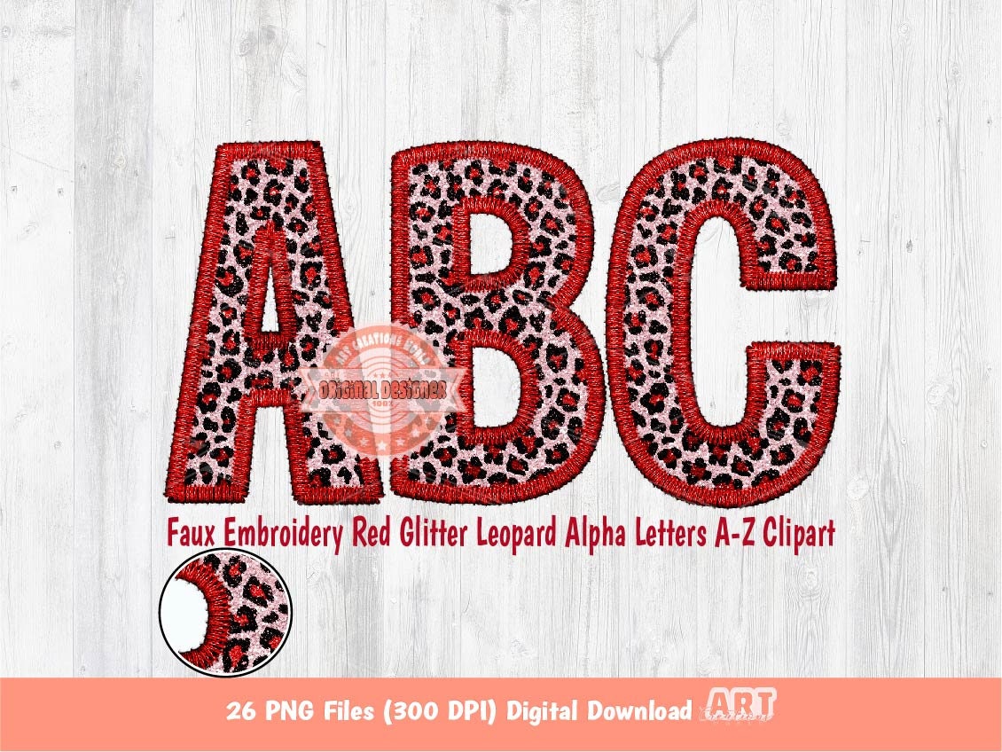 Red Glitter Leopard Alphabet PNG, Faux Yarn Embroidery Letters Clipart
