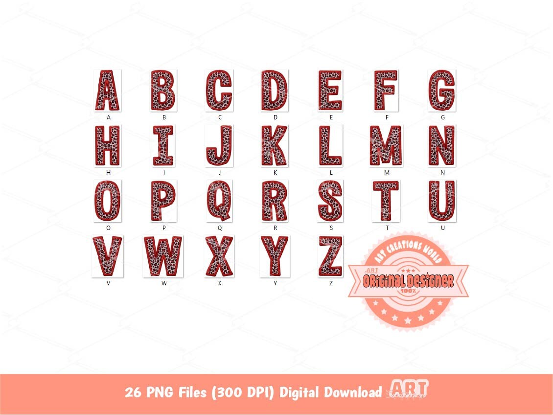 Red Glitter Leopard Alphabet PNG, Faux Yarn Embroidery Letters Clipart