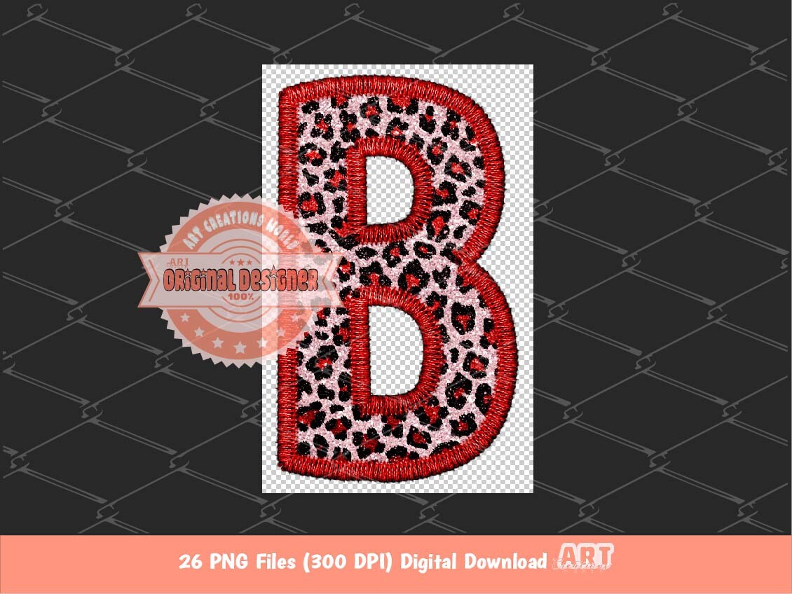 Red Glitter Leopard Alphabet PNG, Faux Yarn Embroidery Letters Clipart