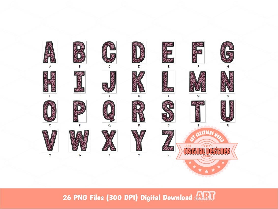 Glitter Pink Leopard Alphabet, Faux Yarn Embroidery Letters PNG Clipart