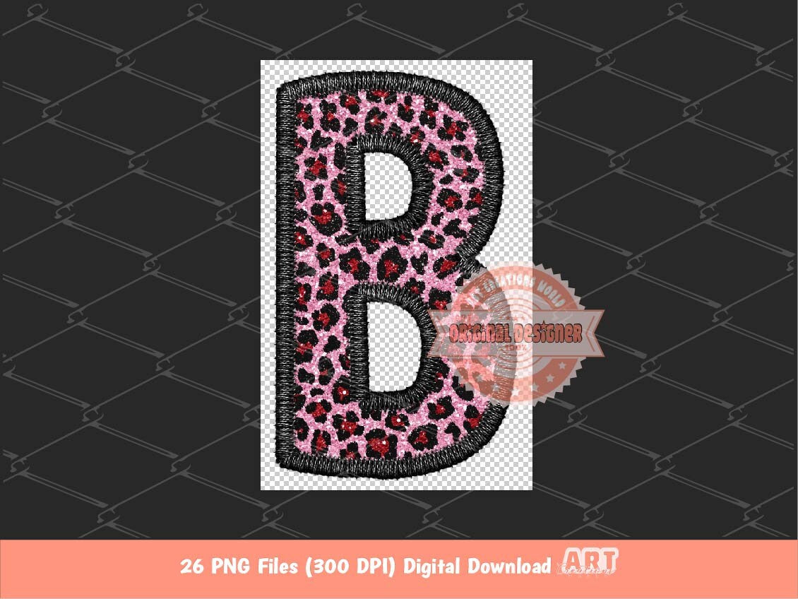Glitter Pink Leopard Alphabet, Faux Yarn Embroidery Letters PNG Clipart