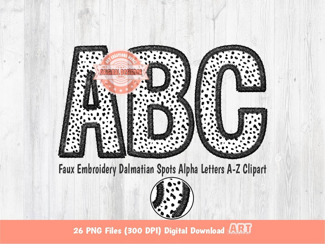 Dalmatian Letters PNG, Animal Print Faux Embroidery Alphabet Clipart