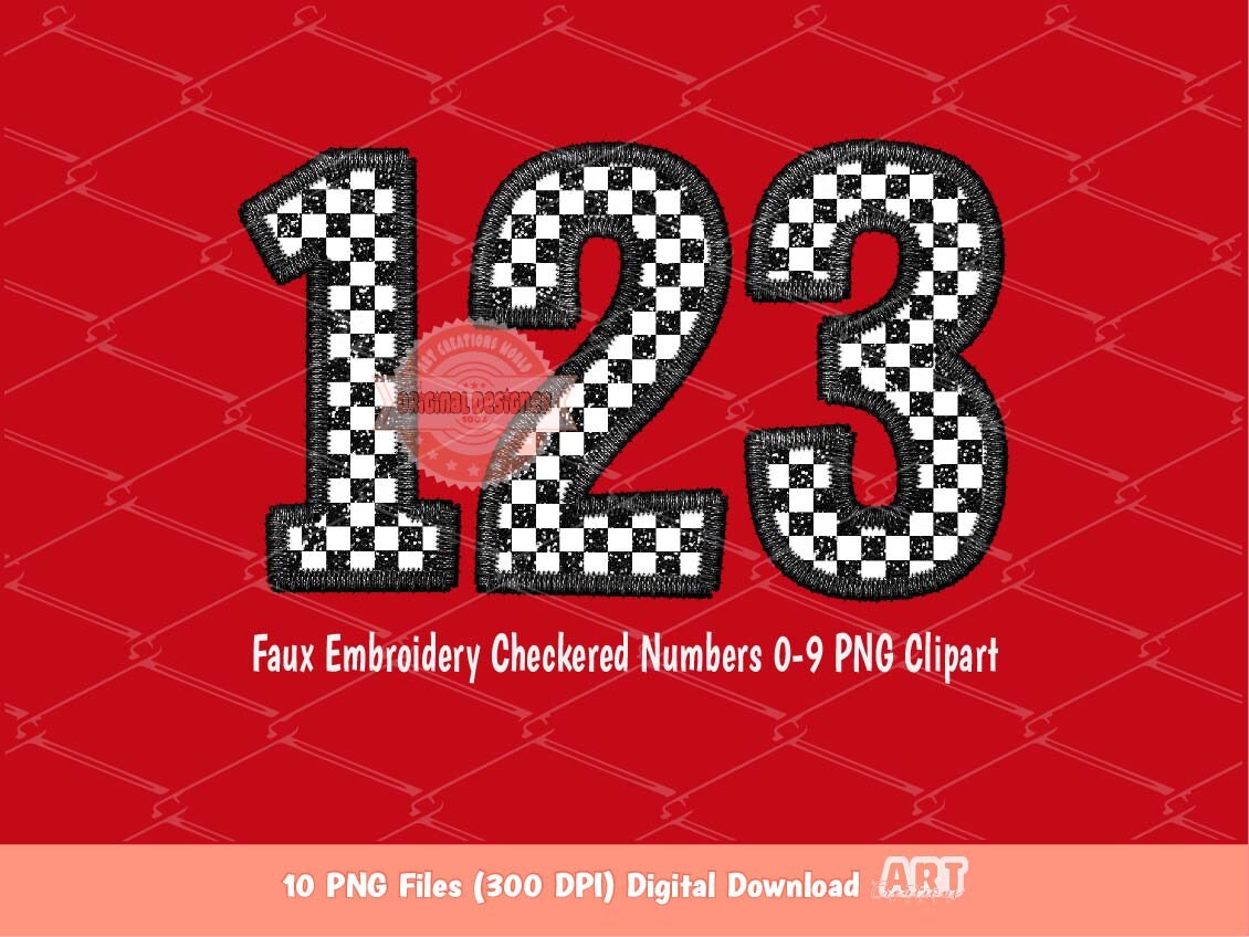 Checkered Numbers PNG, Faux Embroidery Checkerboard Racing Numbers 0-9 Clipart