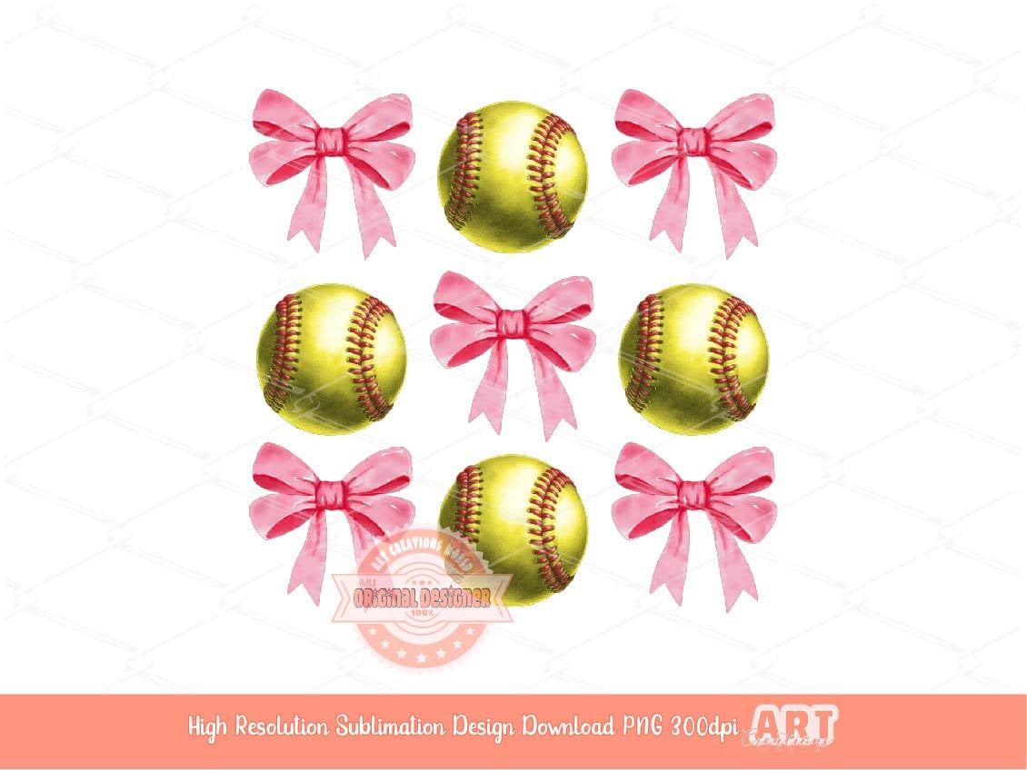 Coquette Softball PNG, Pink Ribbon Bows Watercolor Sublimation Design (Digital Download)