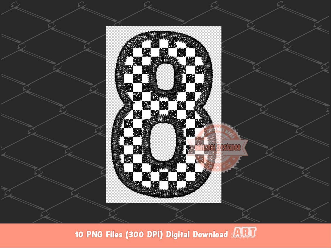 Checkered Numbers PNG, Faux Embroidery Checkerboard Racing Numbers 0-9 Clipart
