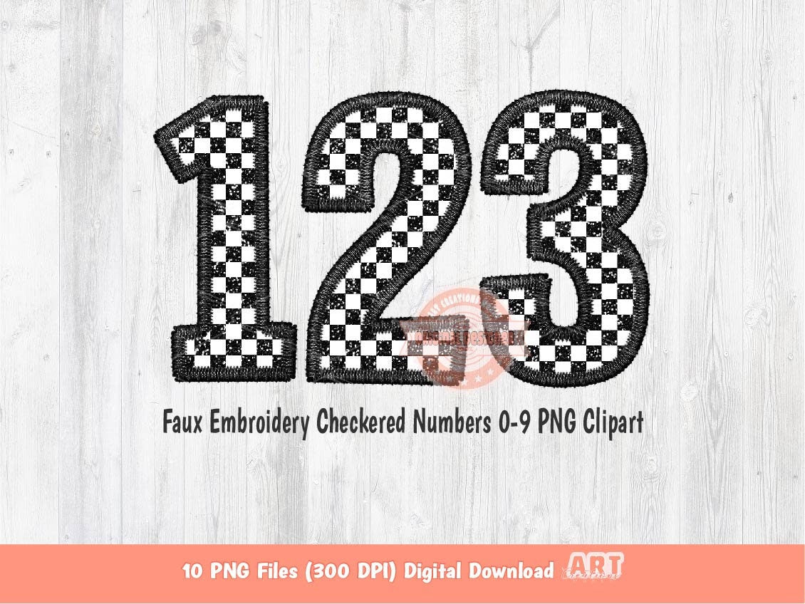 Checkered Numbers PNG, Faux Embroidery Checkerboard Racing Numbers 0-9 Clipart