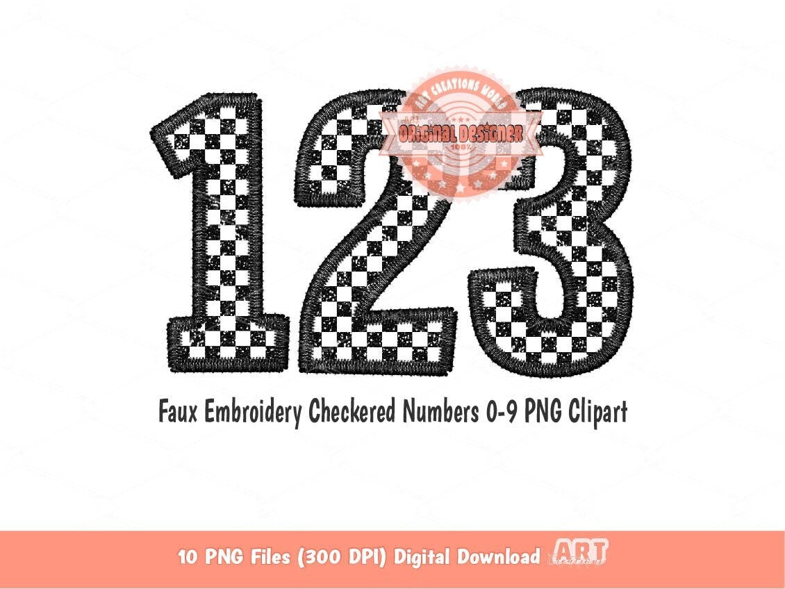Faux Embroidery Checkered Numbers PNG, Glitter Racing Black and white ...