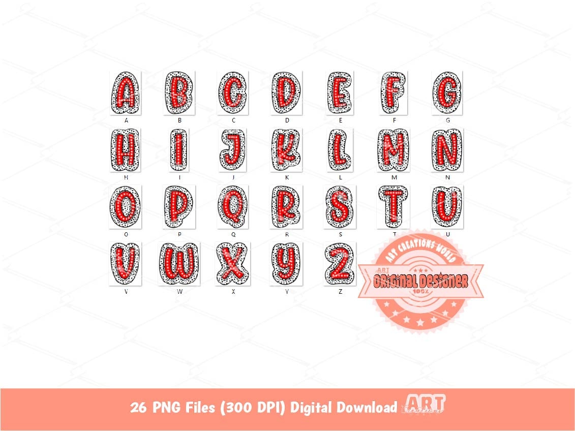 Red Dalmatian Doodle Alpha PNG, Bright Letters A-Z Clipart (Digital Download)