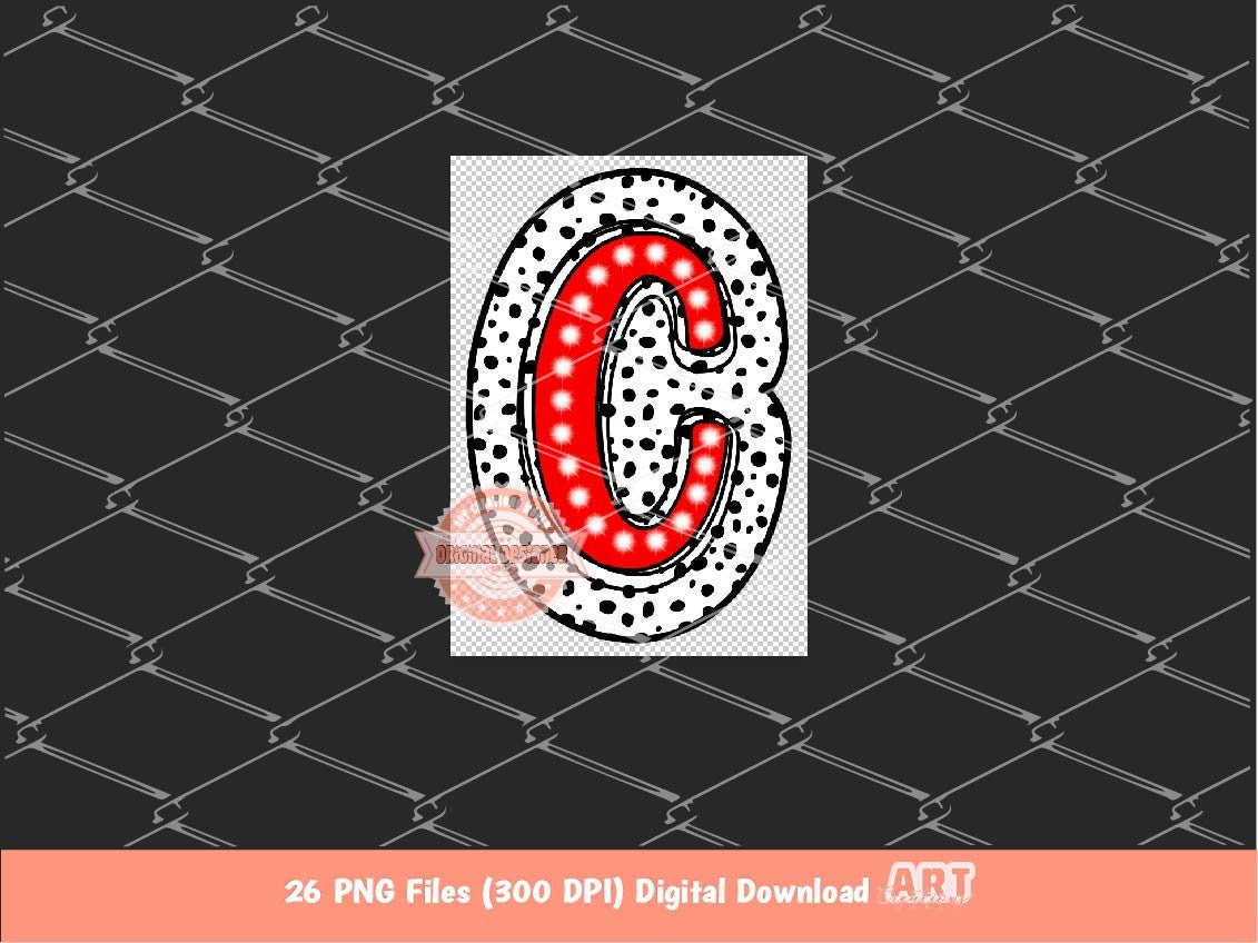 Red Dalmatian Doodle Alpha PNG, Bright Letters A-Z Clipart (Digital Download)