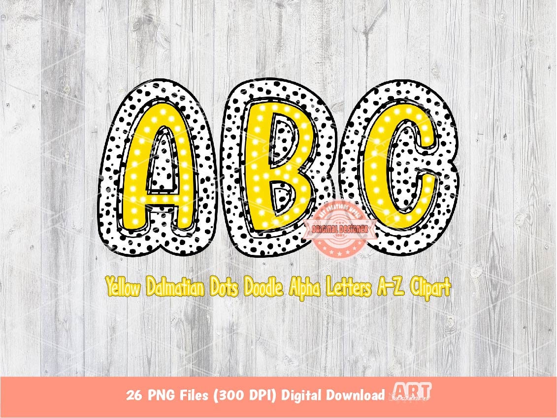 Yellow Dalmatian Alpha PNG, Doodle Letters A-Z Clipart (Digital Download)