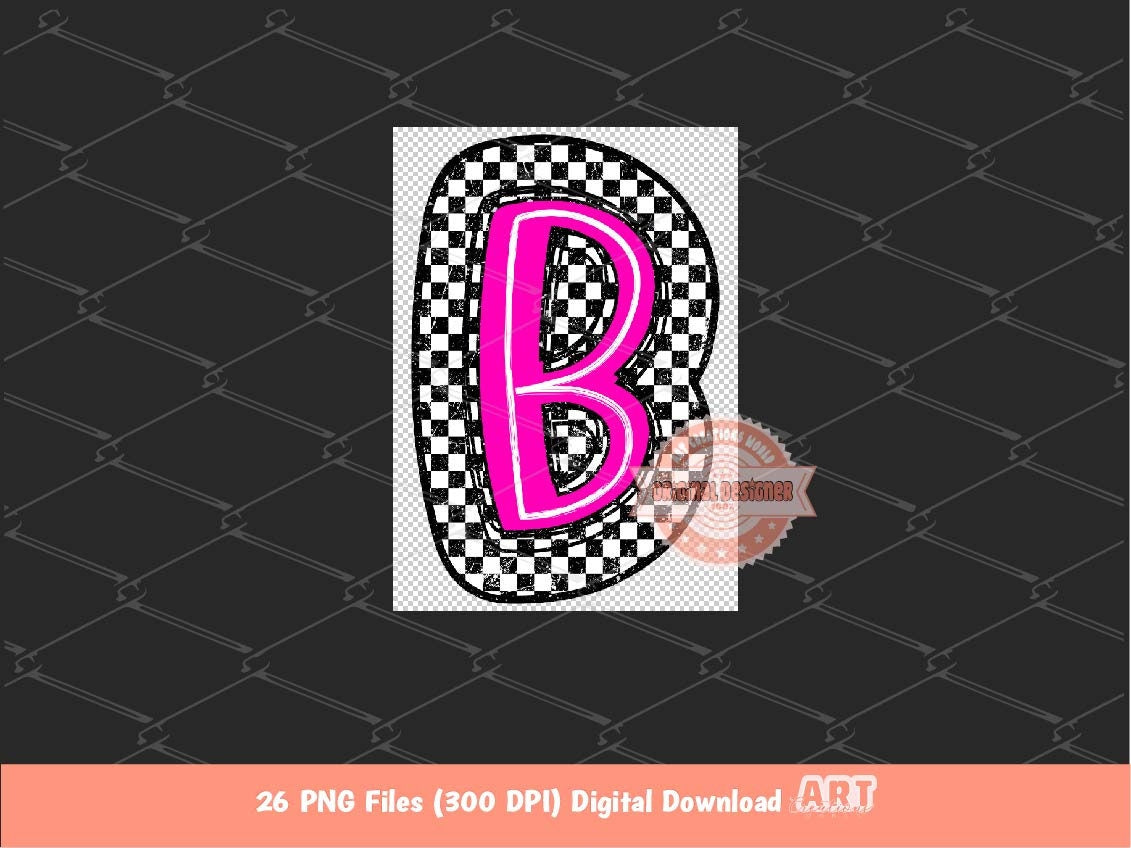 Pink Checkered Doodle Letters PNG, Bright Alphabet Clipart
