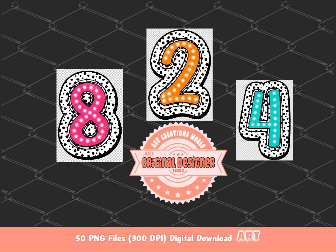 Bright Dalmatian Numbers PNG Bundle, Colorful Doodle Numbers set Clipart (Digital Download)