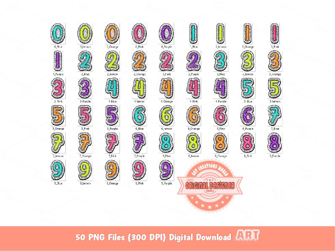Bright Dalmatian Numbers PNG Bundle, Colorful Doodle Numbers set Clipart (Digital Download)