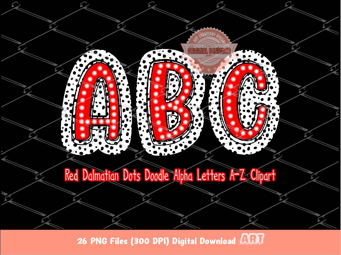 Red Dalmatian Doodle Alpha PNG, Bright Letters A-Z Clipart (Digital Download)