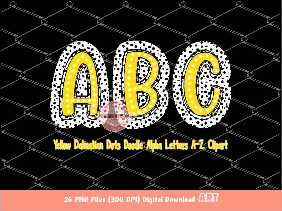 Yellow Dalmatian Alpha PNG, Doodle Letters A-Z Clipart (Digital Download)