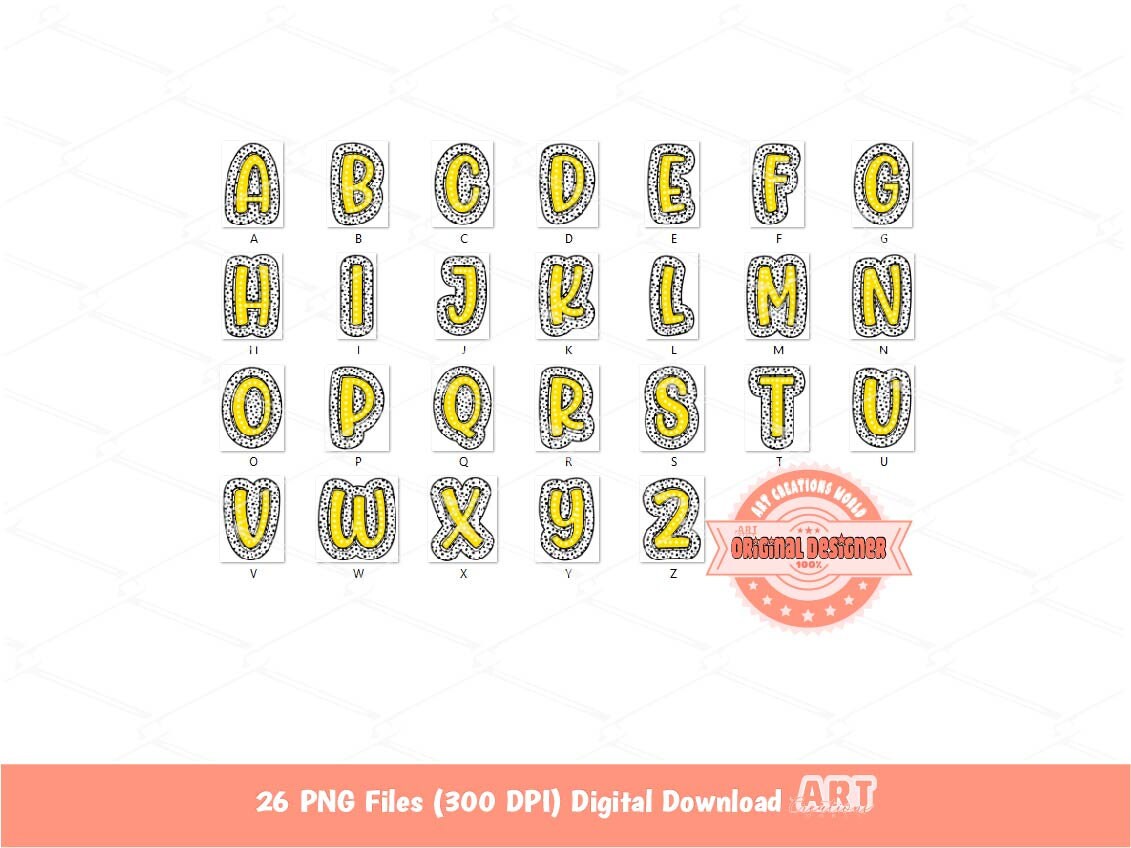 Yellow Dalmatian Alpha PNG, Doodle Letters A-Z Clipart (Digital Download)