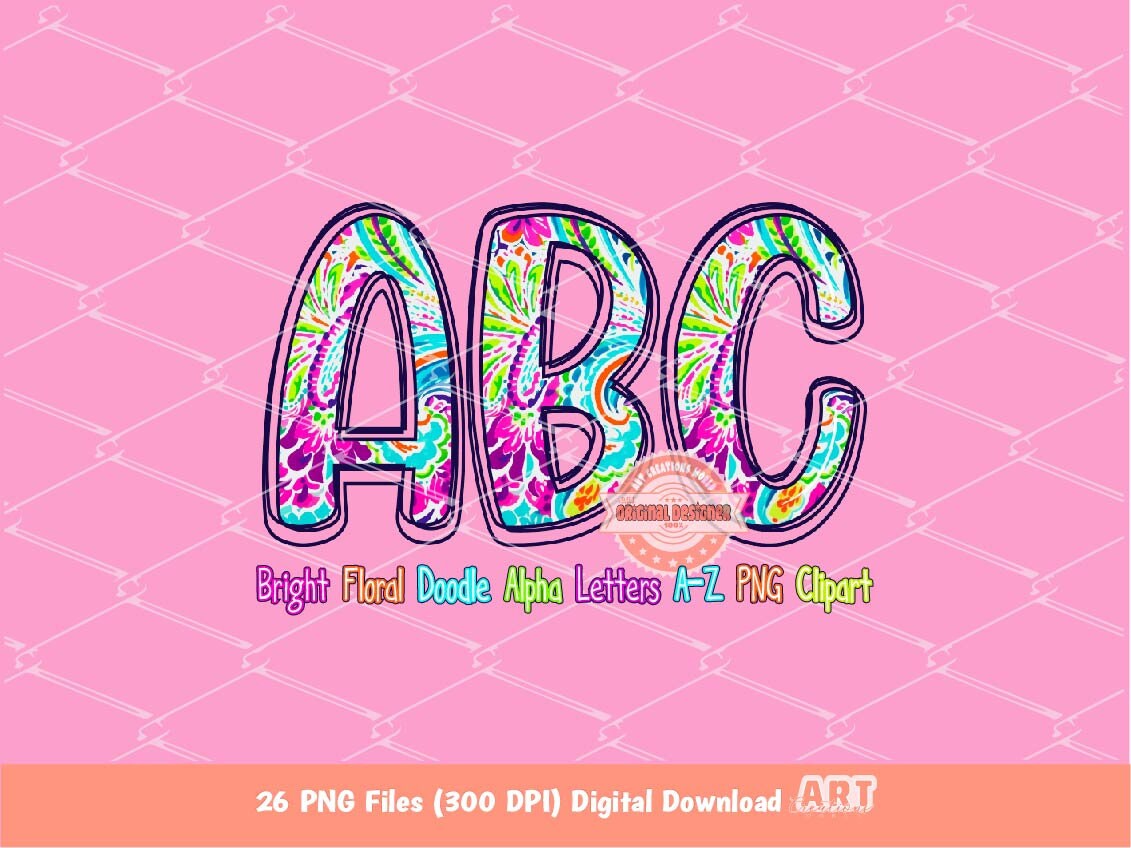 Floral Doodle Letters PNG, Bright Flowers Alpha A-Z Clipart (Digital Download)