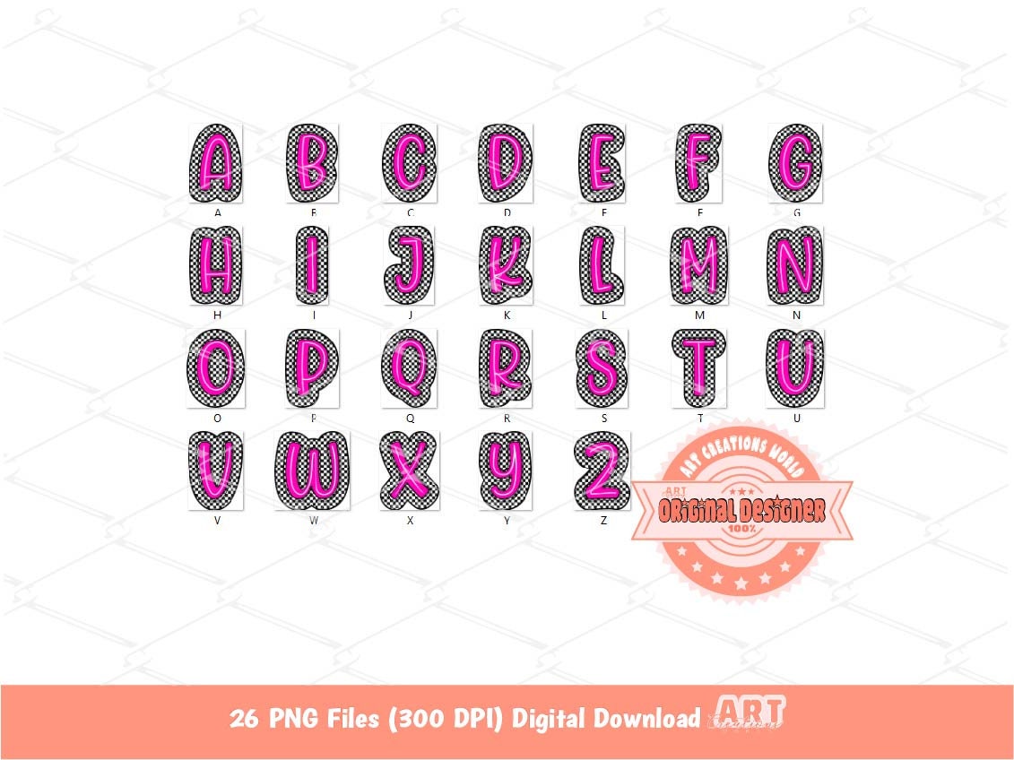 Pink Checkered Doodle Letters PNG, Bright Alphabet Clipart