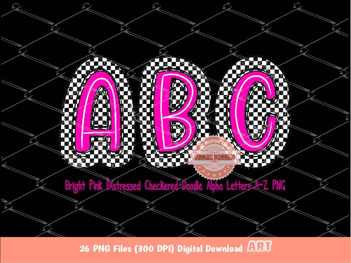 Pink Checkered Doodle Letters PNG, Bright Alphabet Clipart