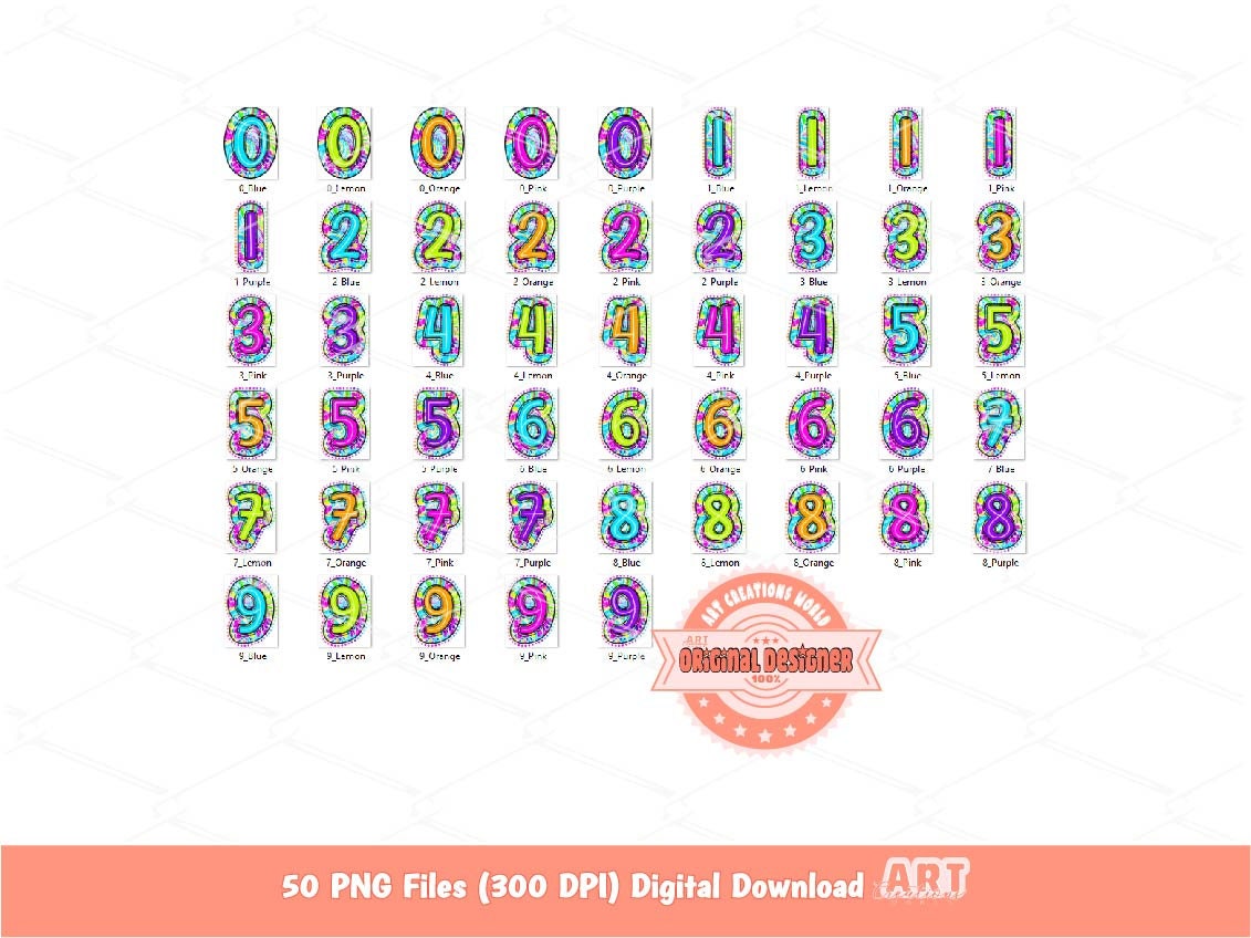 Floral Doodle Numbers PNG Bundle, Colorful Bright Paisley 0-9 Numbers Set Clipart (Digital Download)