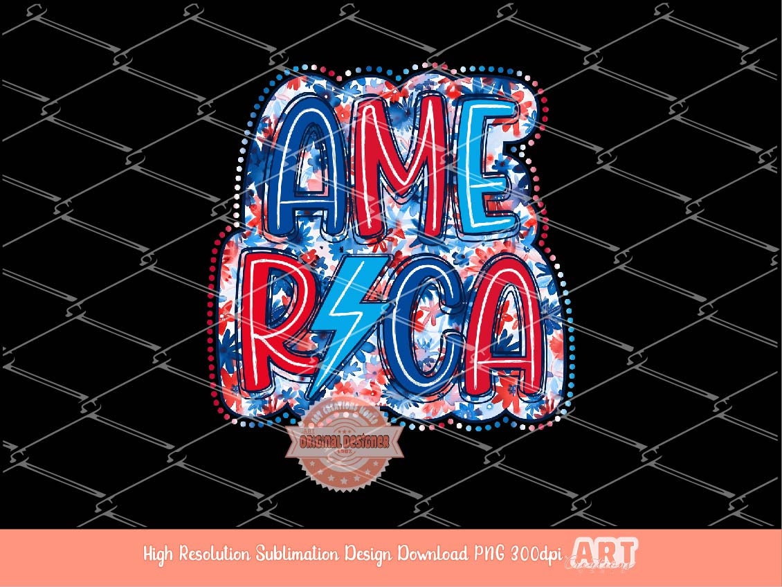 America Lightning Bolt PNG, 4th of July Floral sublimation Design (Digital Download)