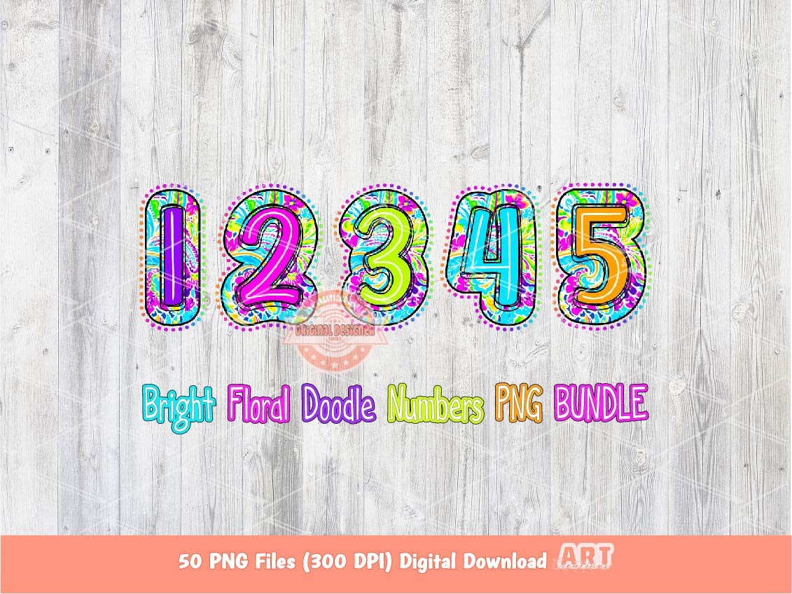 Floral Doodle Numbers PNG Bundle, Colorful Bright Paisley 0-9 Numbers Set Clipart (Digital Download)