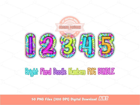 Bright Doodle Numbers PNG Bundle, Hand Drawn Colorful Paisley Floral Number 0-9 Set Clipart Neon Trendy Numbers Sublimation Digital Download