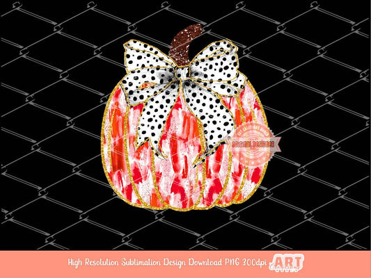 Colorful Coquette Pumpkin PNG, Hand Drawn bright Paint Brush Stroke Dalmatian Bow Fall Thanksgiving Shirt Design Sublimation & Dtf file