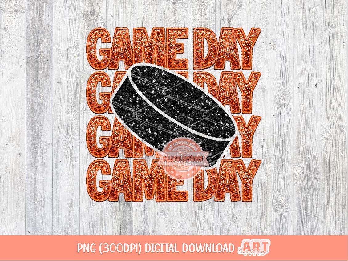 Game Day Hockey PNG, Orange Sequin Faux Embroidery Sports Mom Sublimation Shirt Design