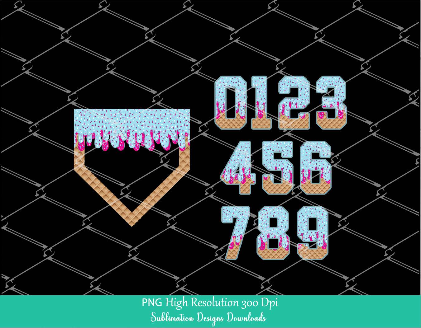 Sprinkle Drip Home Plate and Numbers PNG Bundle Clipart, Pink & Blue Drippy Ice cream Cone Waffle Trendy Sport Baseball softball Number 0-9